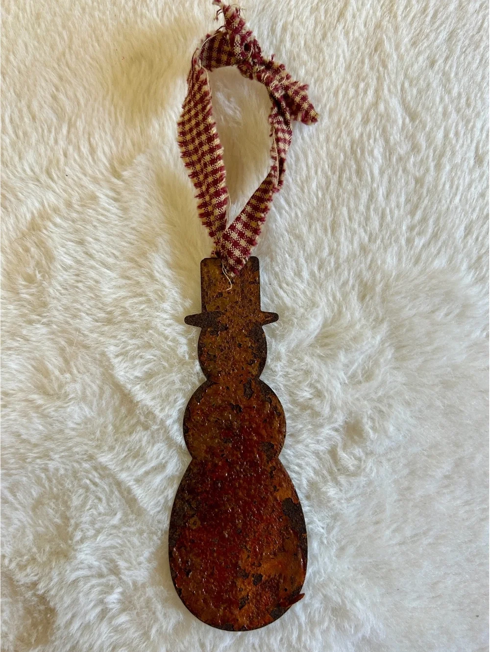 Rustic Metal Snowman Ornament with Checkered Fabric Loop
